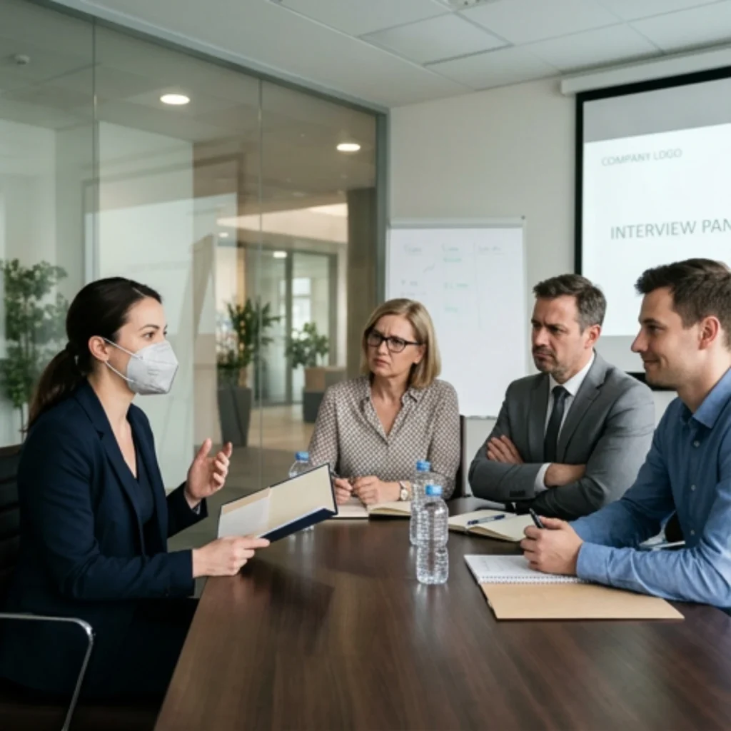A job candidate wearing an FFP2 mask talks to an interview panel of three people across a meeting-room table.
