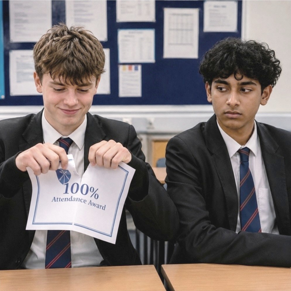 Two secondary school pupils; one tears up a 100% attendance award certificate.