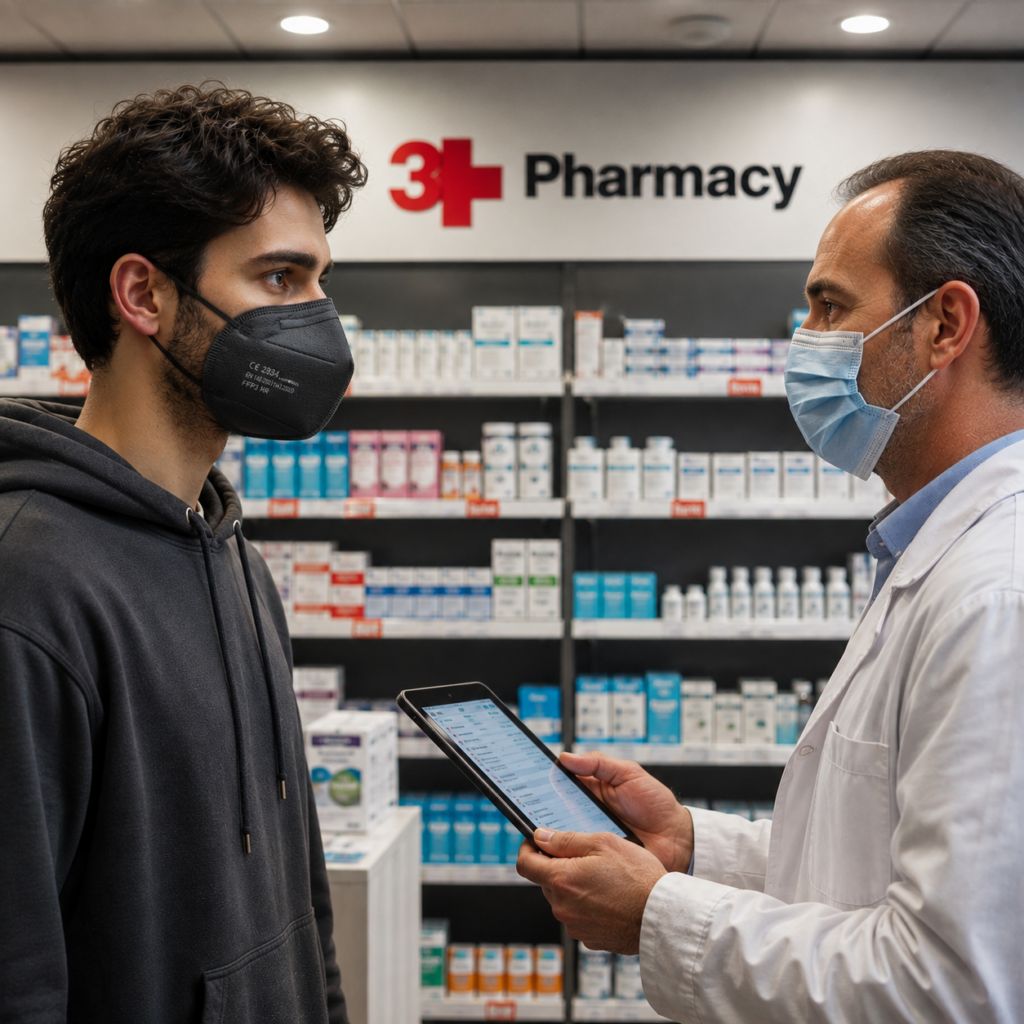 A young man in a black face mask talks to a masked pharmacist holding a tablet at a pharmacy counter.
