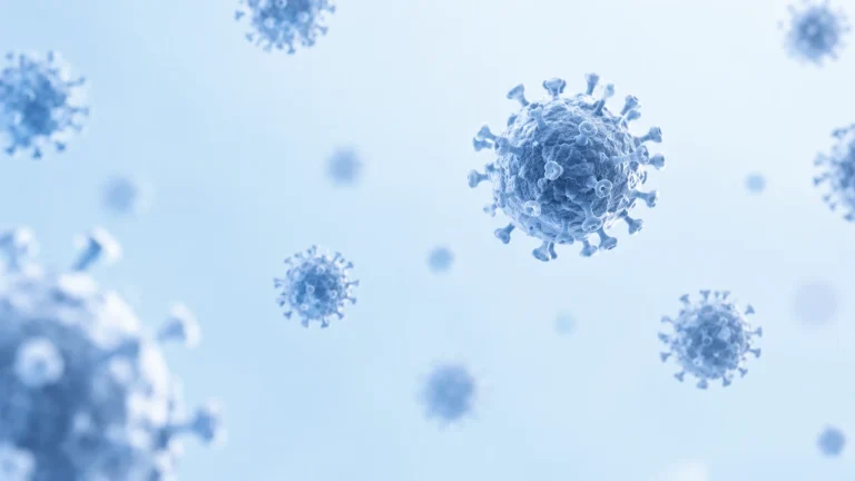 Illustration of virus particles floating in the air.