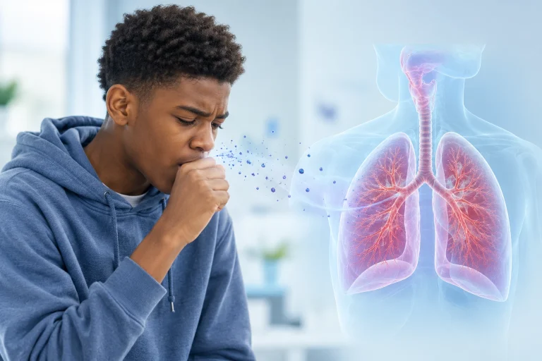 A teenager in a hoodie coughs into his hand; airborne droplets drift towards an illustrated diagram of the lungs and airways.