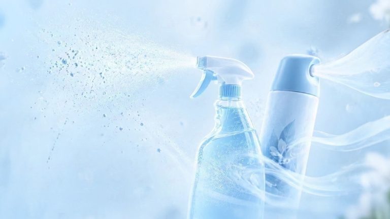 A trigger spray bottle and an aerosol air freshener releasing a fine mist and vapour into the air.