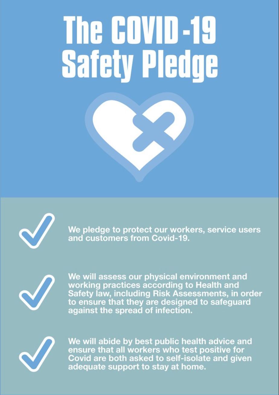 The Covid-19 Safety Pledge: protect workers and customers, assess workplaces, and follow public health advice.