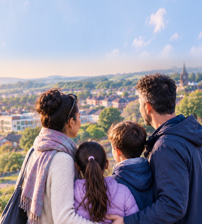 A family of four stand close together on a hilltop, looking out over a sunlit town and green valley below