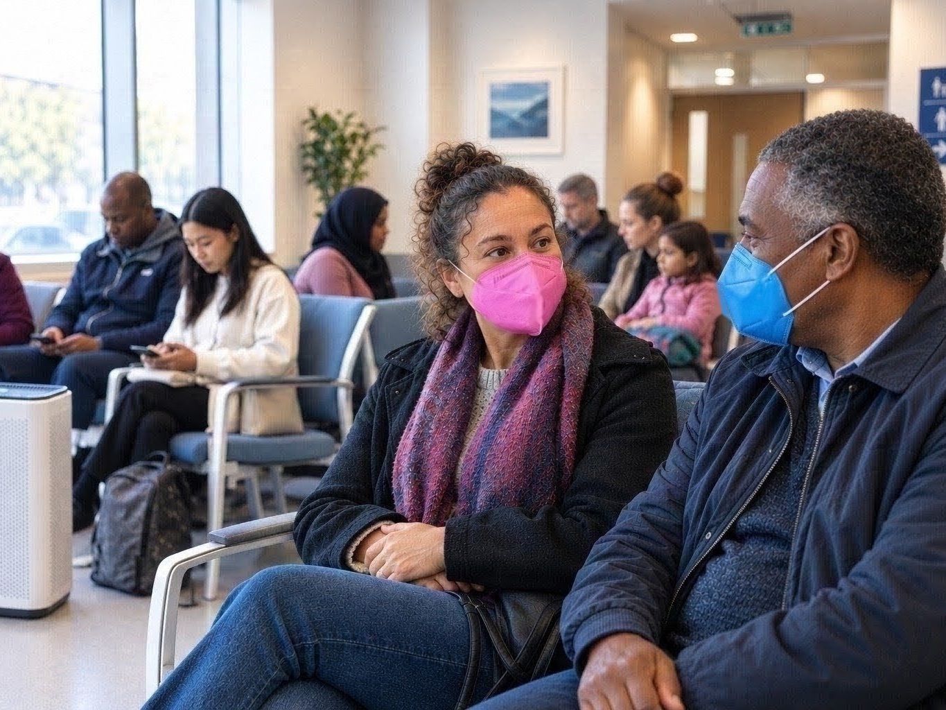 A woman and a man wearing masks sit together in a busy healthcare waiting room, an air purifier visible nearby, supporting each other.