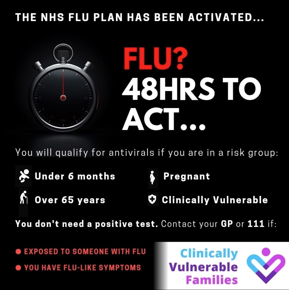 Poster: Flu? 48 hours to act. You may qualify for antivirals if you are in a risk group. Contact your GP or 111.