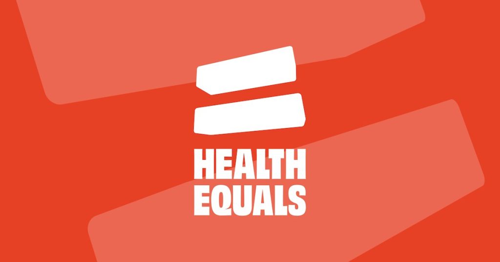 The Health Equals logo: two white bars like an equals sign above the words Health Equals, on a red background.