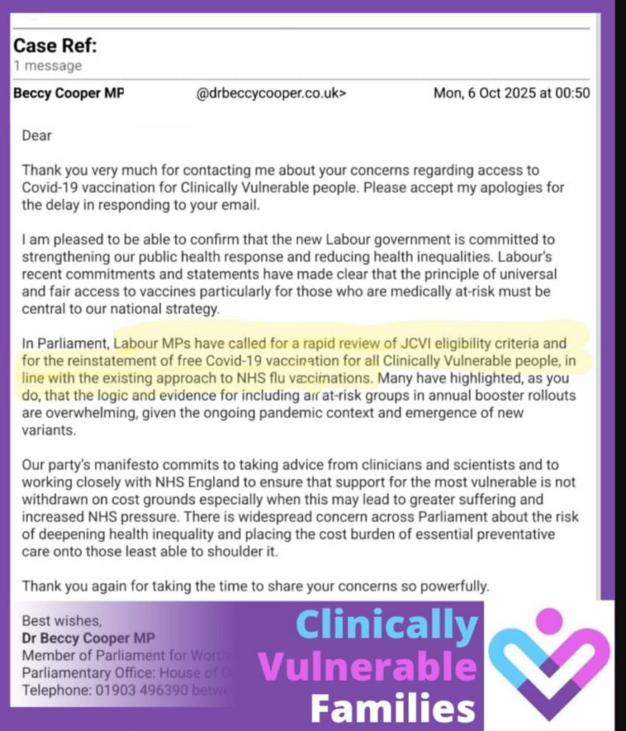 Letter from Dr Beccy Cooper MP about Covid-19 vaccination for Clinically Vulnerable people.