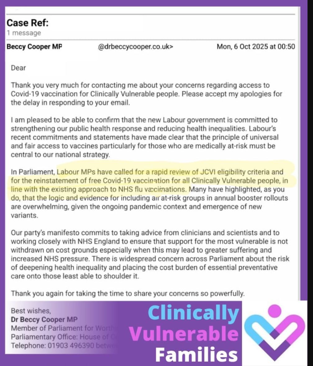 Letter from Dr Beccy Cooper MP about Covid-19 vaccination for Clinically Vulnerable people.
