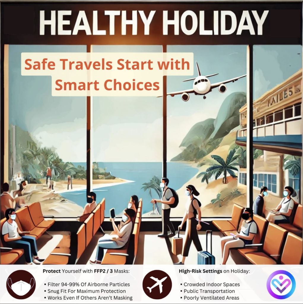 Illustrated poster: healthy holiday, safe travels start with smart choices. Travellers in an airport wearing FFP2/3 masks.