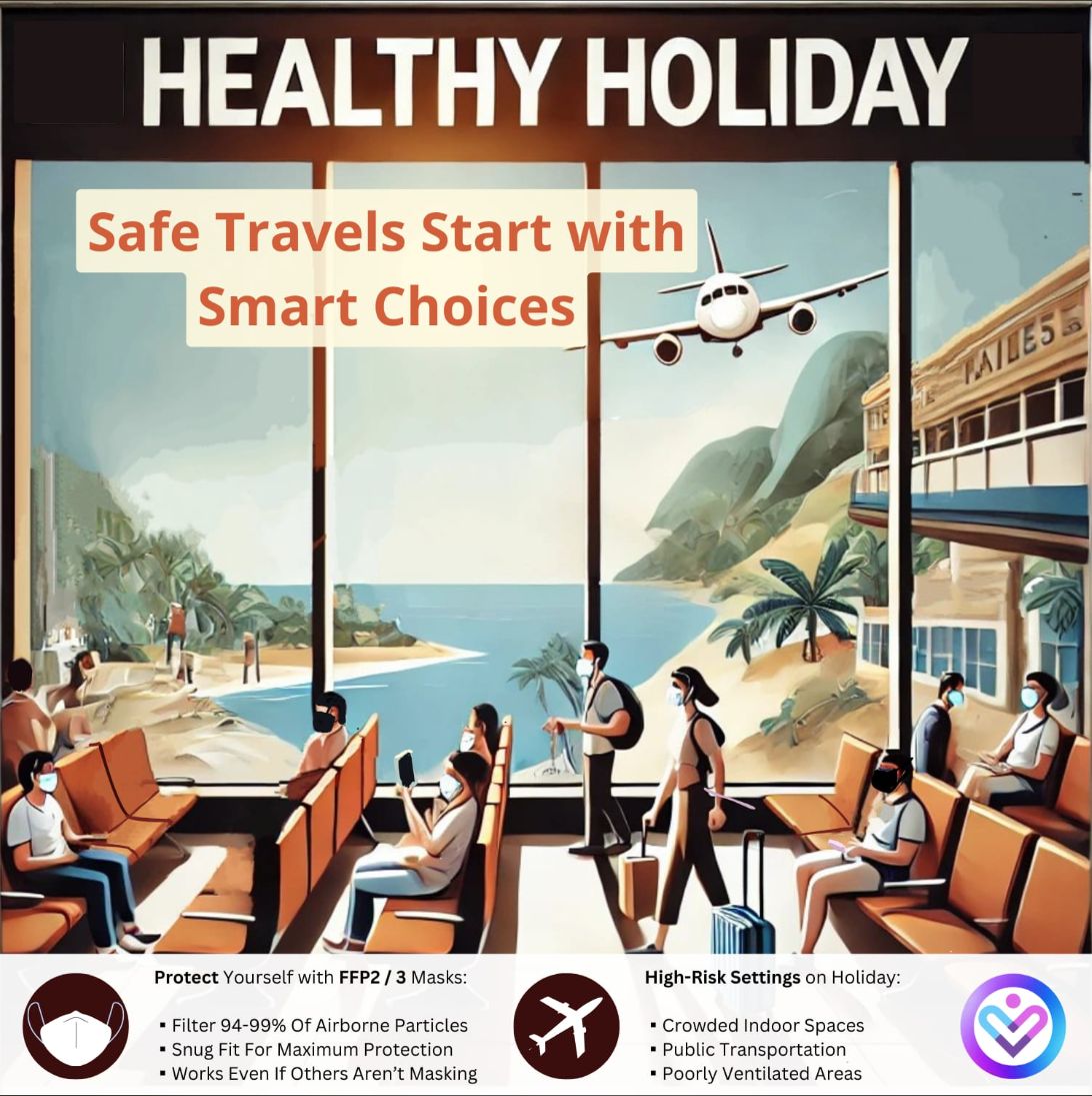 Illustrated poster: healthy holiday, safe travels start with smart choices. Travellers in an airport wearing FFP2/3 masks.
