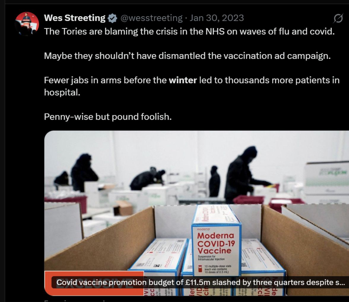 Screenshot of a January 2023 social media post by Wes Streeting MP about the NHS winter crisis and Covid vaccine promotion.