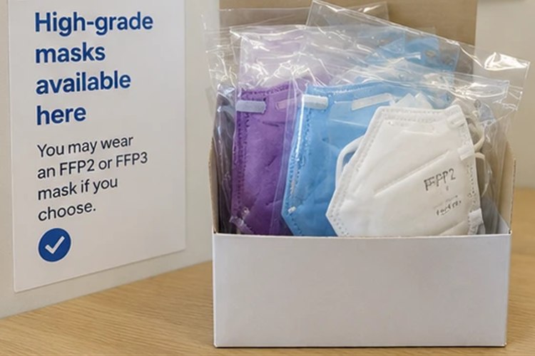 A box of FFP2 masks beside a sign saying high-grade masks are available and people may wear them.