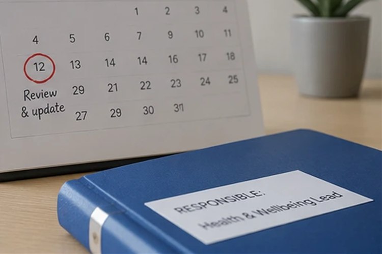 A desk calendar with a review date circled, beside a folder labelled with the responsible Health and Wellbeing Lead.