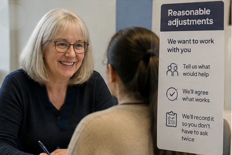 A smiling staff member talks with a woman, beside a sign about agreeing and recording reasonable adjustments.
