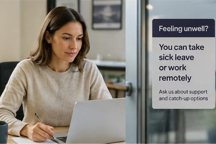A woman working from home on a laptop, beside a sign saying people who feel unwell can take sick leave or work remotely.