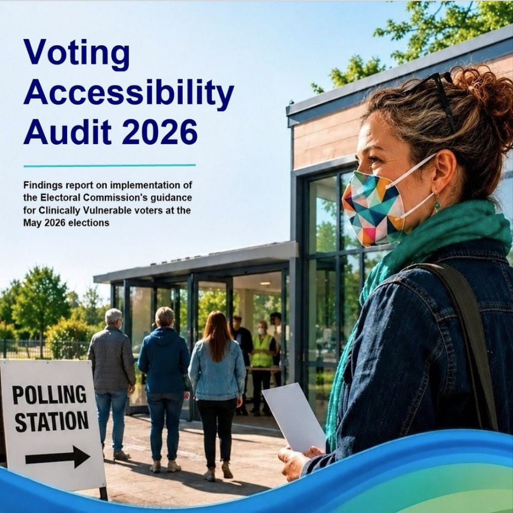 Voting Accessibility Audit 2026 report cover: a woman in a mask outside a polling station.