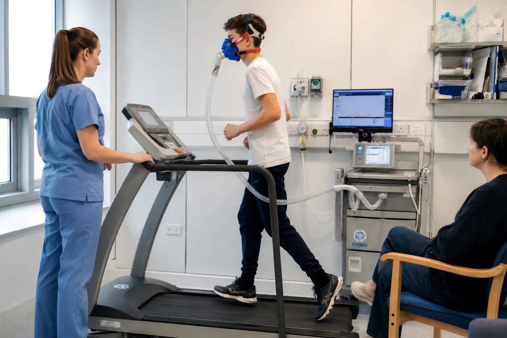 A teenager wearing a breathing mask walks on a treadmill during a hospital exercise test, watched by a clinician and an adult sitting nearby.