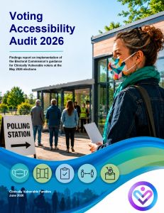 Voting Accessibility Audit 2026 report cover: a woman in a mask and scarf holds a voting document outside a polling station.
