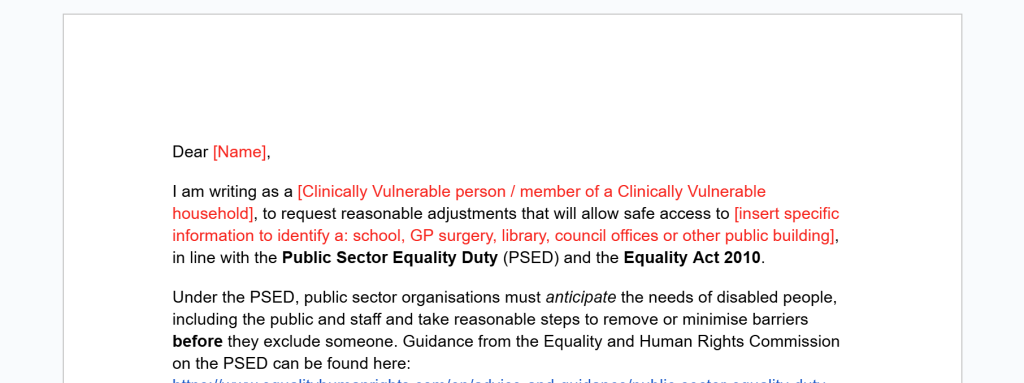 Top of CVF's template letter requesting reasonable adjustments under the Public Sector Equality Duty