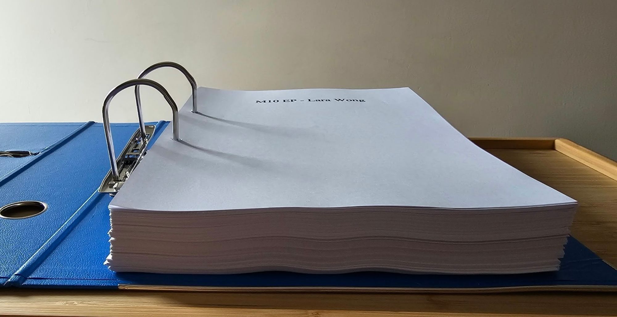 A thick stack of papers in an open blue lever-arch file, the top page headed "M10 EP – Lara Wong": Lara Wong’s evidence bundle for Module 10 of the UK Covid-19 Inquiry.