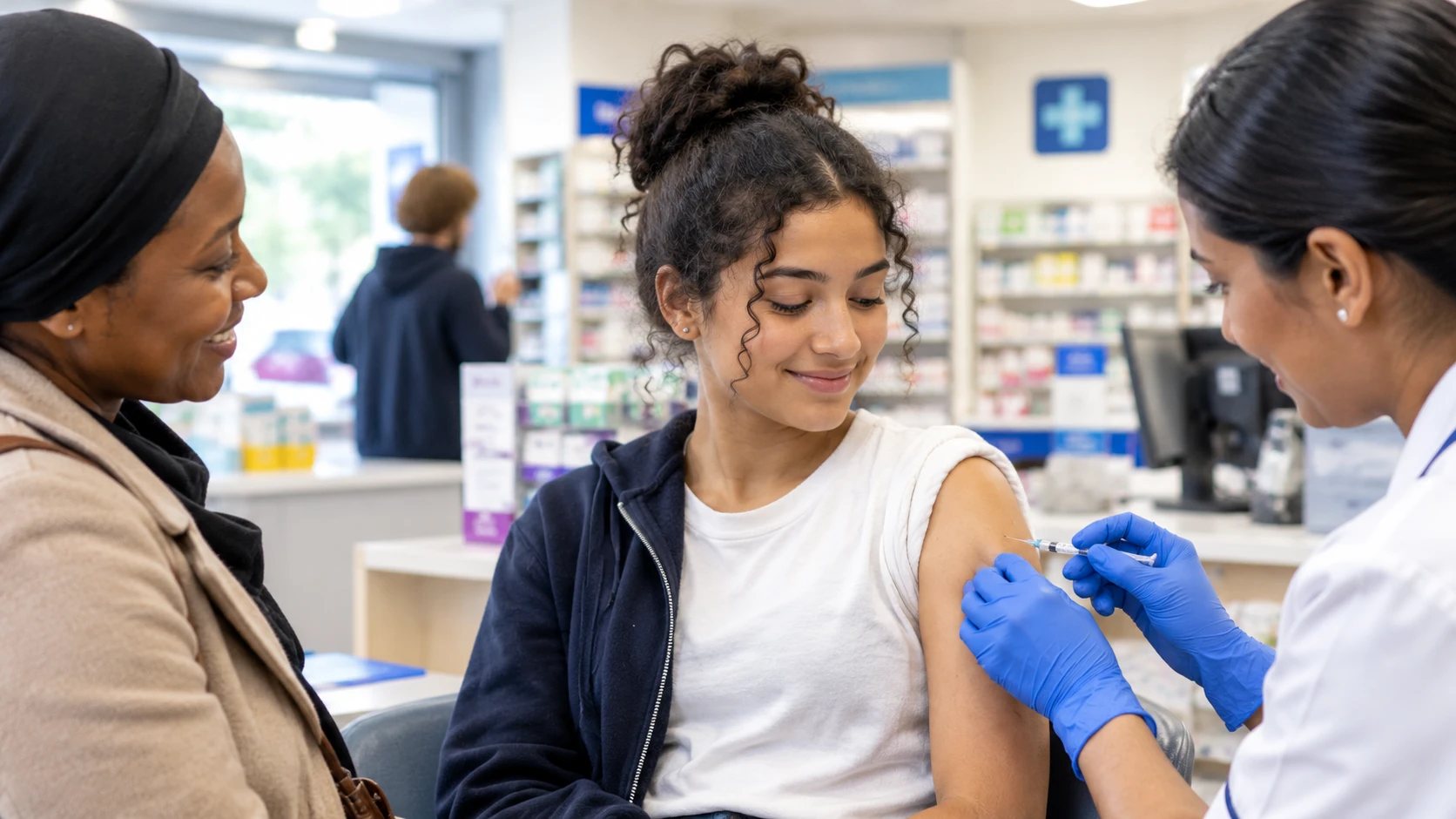 A pharmacist in blue gloves gives a young woman a vaccination in her upper arm at a pharmacy counter, while an older woman beside her smiles.
